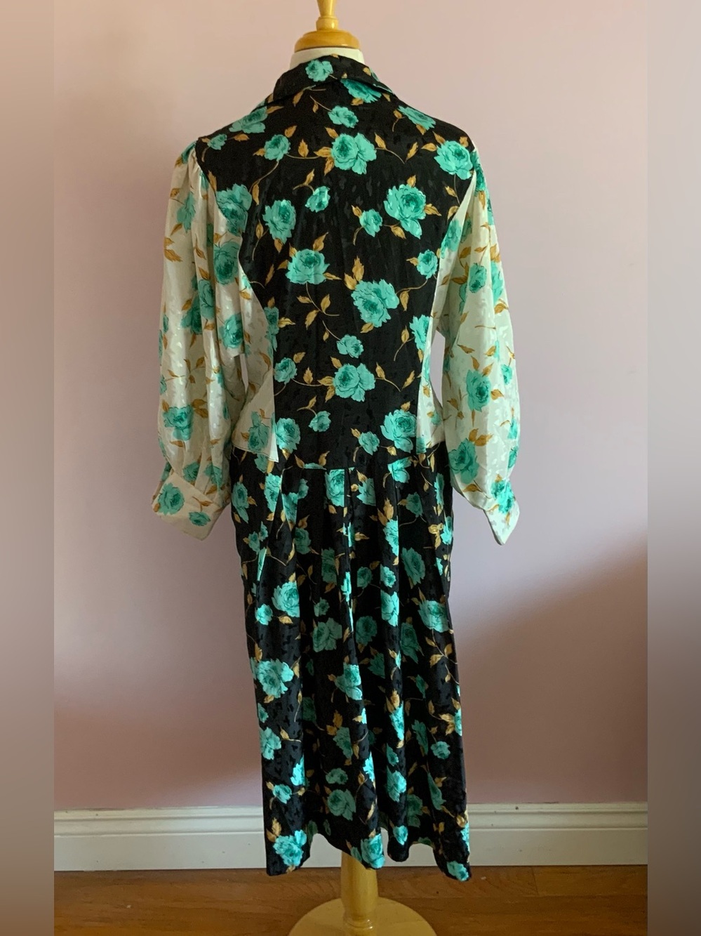 Vintage 80s Floral Long Sleeve Dress in Teal & Black - Picture 5 of 8